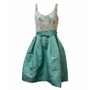 Vtg 50s Rodders Mademoiselle Sequin Beaded Turquoise Taffeta Party Dress Talon